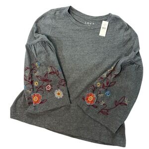 LOFT Embroidered Floral Bell Sleeve Top Gray Blouse‎ Size L
